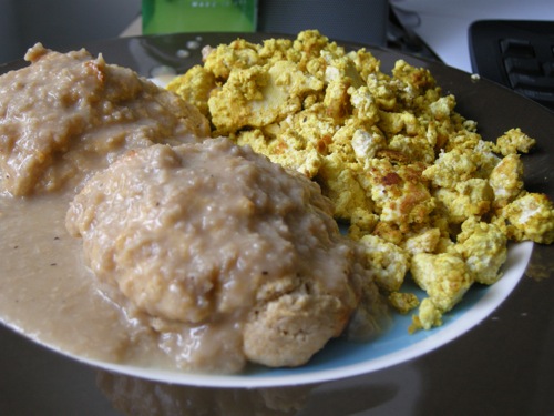 vegan biscuits and gravy with tofu scramble