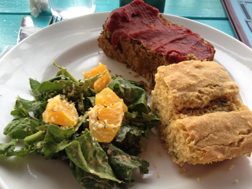 image of jalapeno cornbread, lentil meatloaf topped with marinara sauce, and side salad