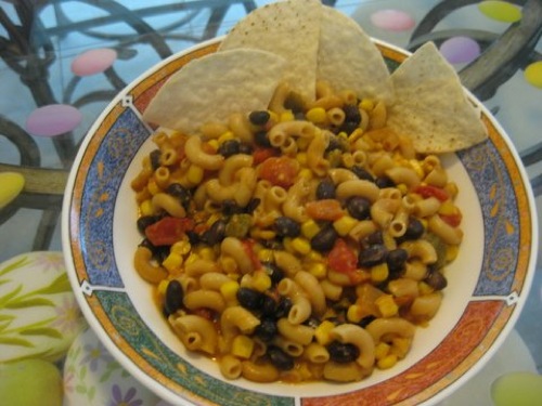 Fiesta Bake in bowl with chips on side