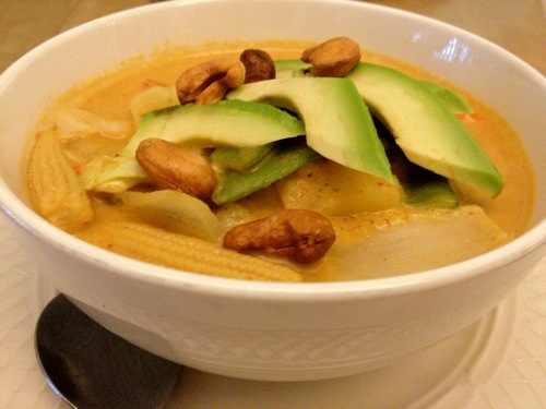 Massaman Curry, topped with potatoes, avocado and cashews