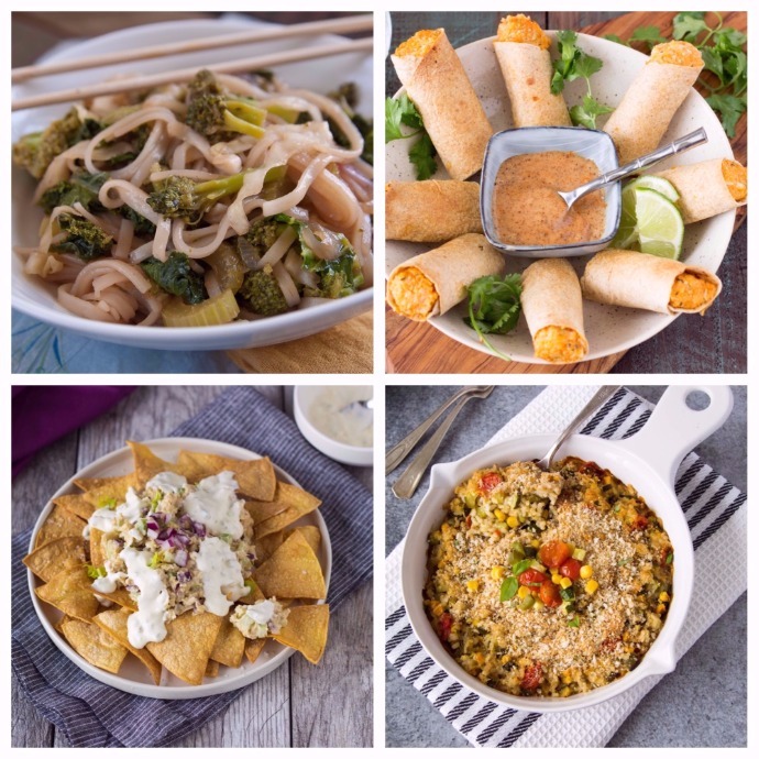 Indonesian Stir Fry (top left), Thai Taquitos (top right), Tuna Nachos (bottom left), Vegetable Rice Casserole (bottom right) 